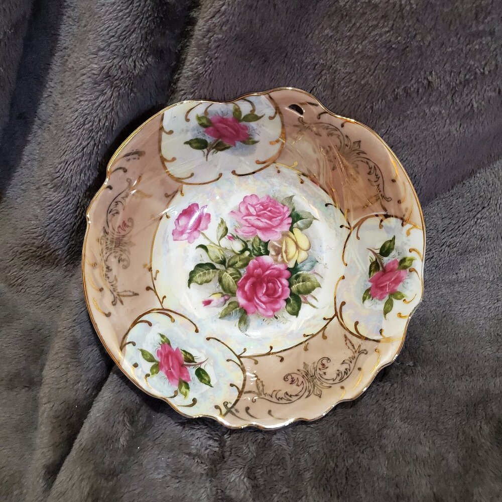 Vintage Trimont Ware Japan Lusterware Floral Rose Gold Trim Collectable Bowl 8"